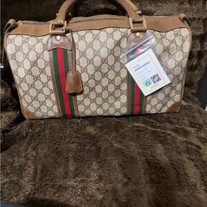 Gucci Beige and Brown Duffel Bag with Green and Red Accents